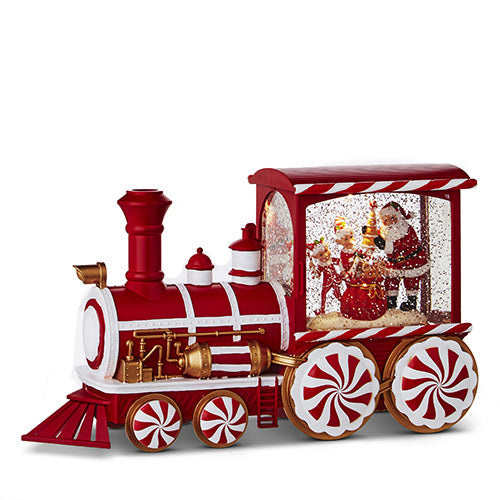 Red and white peppermint-themed musical train with Santa and elves inside a lighted water globe.