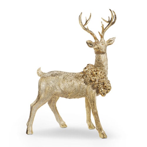 A 29.5-inch tall gold resin standing deer figurine wearing a decorative floral wreath.