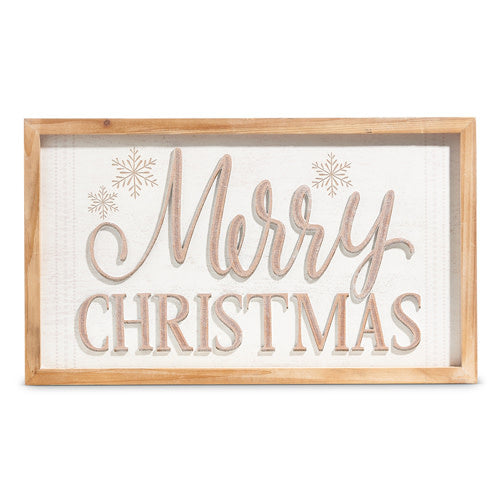 Framed wall art featuring a Merry Christmas message on wood with red text against a white background.