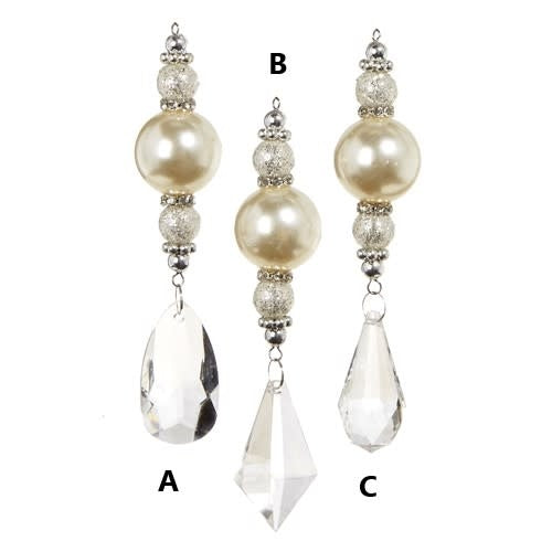 Plastic Christmas ornament featuring a large pearl bead with silver spacers topped by a faceted crystal drop.