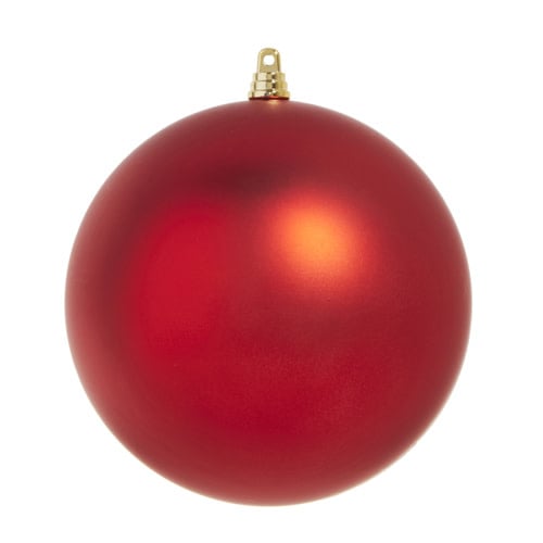 Six-inch matte red plastic ball ornament with a smooth non-glossy finish.