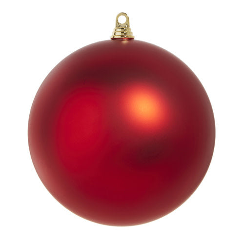 10-inch matte red plastic ball ornament with a gold hanging loop.