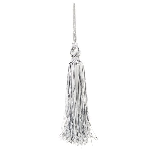 11-inch silver tinsel tassel ornament with a decorative top loop for hanging.