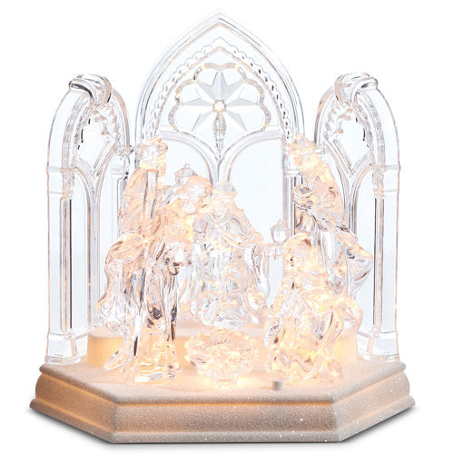 8-inch plastic nativity scene with LED lighting in beige tones
