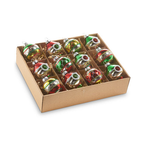Glass vintage ornament with a round shape in red color featuring gold accents.