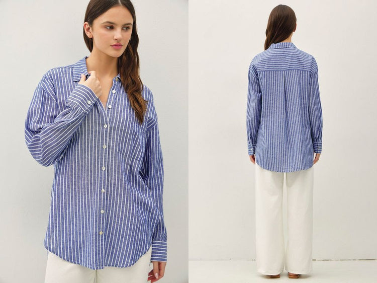 Madison long sleeve button-up shirt in a light beige linen blend fabric with a relaxed silhouette.