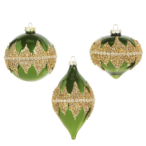 Green glass beaded ornament with intricate spherical shape