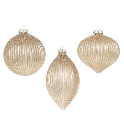 Glass champagne-colored ribbed ornament with glitter finish