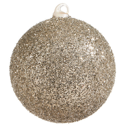 Six-inch champagne glass glitter ball ornament with a spherical shape.