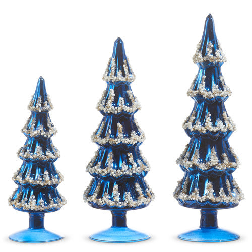 Blue glass beaded tree ornament with a festive spherical shape.