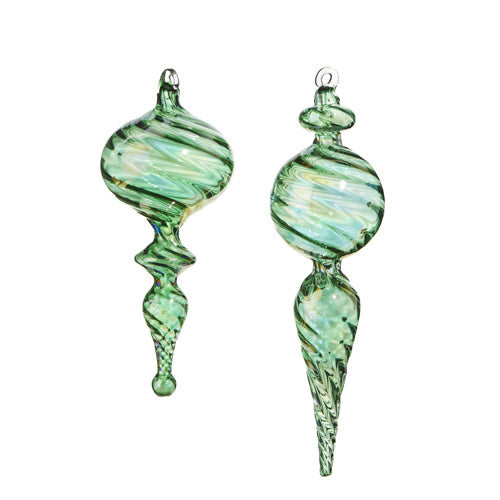 Two 10-inch green blown glass finial ornaments with swirling patterns and elegant curved silhouettes.
