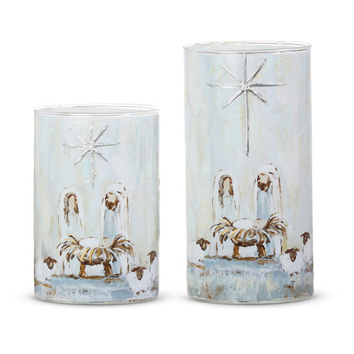 Glass Holy Family container featuring Mary, Joseph, and baby Jesus in serene poses.
