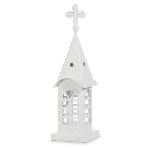 Metal Christmas ornament shaped like a snowy church with white textured roof.