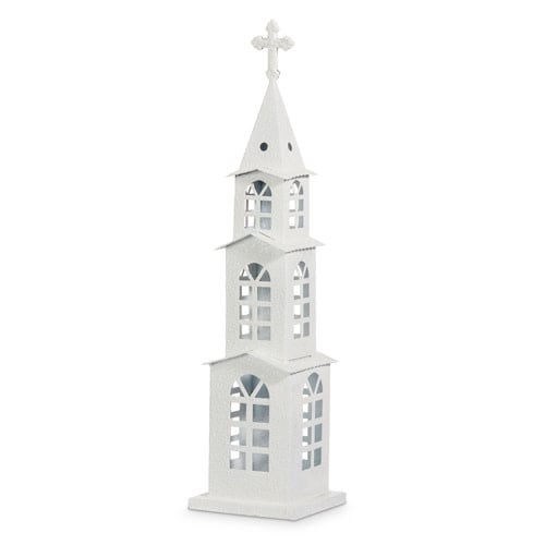 Metal Snowy Church ornament with white snowy texture on a dark background