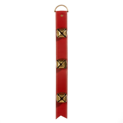 Red leather door hanger with iron sleigh bells