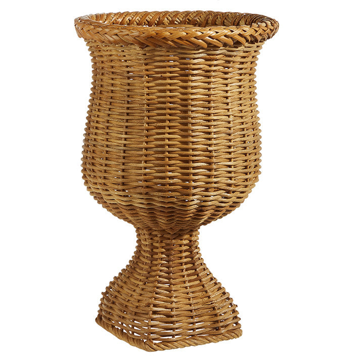 Natural rattan urn with iron frame measuring 19 inches high.