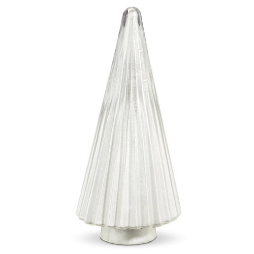Silver glass tree decoration with a natural branch-like silhouette measuring 7 inches wide by 15 inches tall.