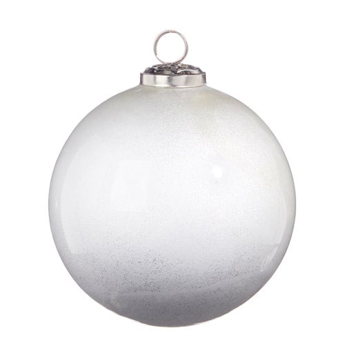 Five-inch white glass snowball ornament with frosty texture