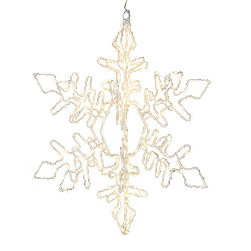 Hanging snowflake decoration with warm white LED lights in iron, copper, and PVC frame.