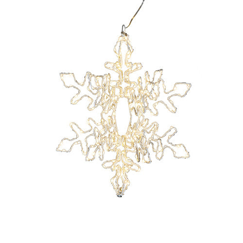Hanging snowflake decoration with warm white LED lights in copper frame