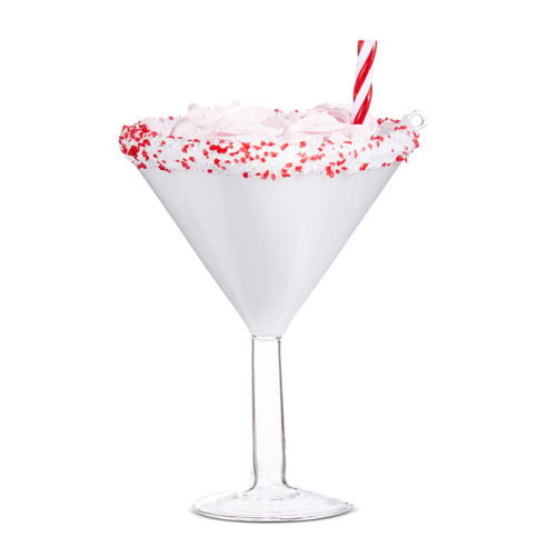 Glass ornament shaped like a pink peppermint martini with plastic stem.