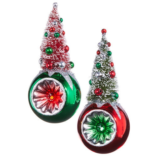 Glass bottle brush tree ornament with plastic reflector starburst in festive colors