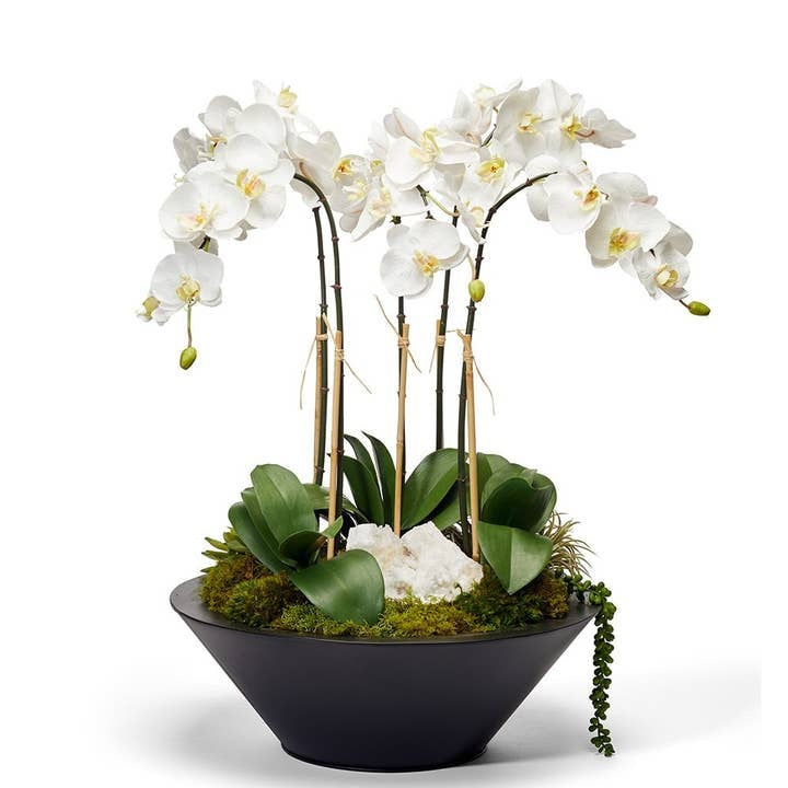 Round metal planter with geode accents holding a botanically correct orchid arrangement.