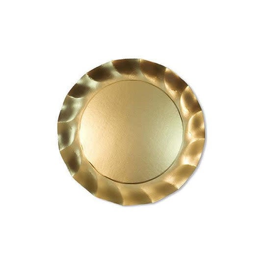 Packaged matte satin gold wavy ruffled paper salad plates with an elegant silhouette.