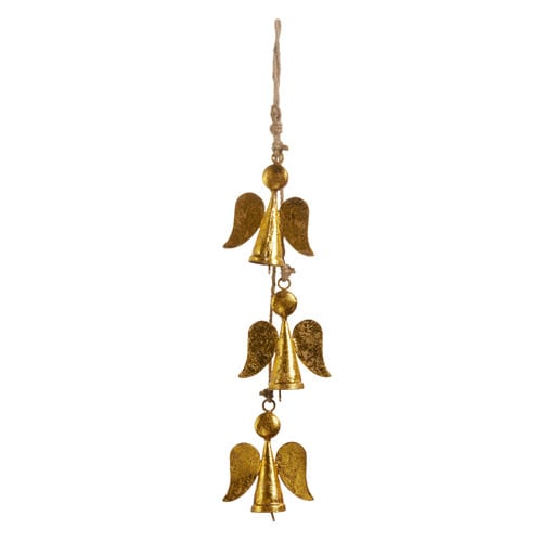Gold iron angel bell ornament on jute string measuring 3.5 inches wide and tall.