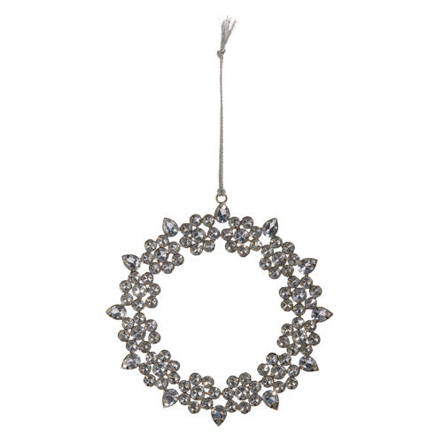 6-inch silver wreath ornament with jeweled accents made of iron and acrylic.
