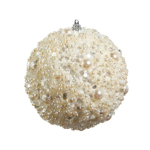 White plastic foam ornament with pearl embellishments measuring 4.75 inches.
