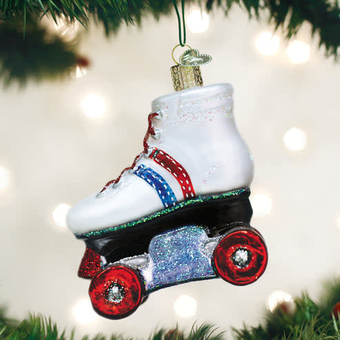 Roller skate ornament with black wheels on a white boot base.