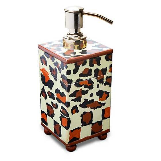Square soap pump with a leopard print pattern, metallic dispenser, and small brown ball feet.
