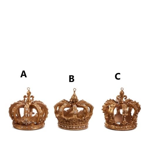 Three 3.5-inch gold resin crown ornaments with intricate detailing and a metallic finish.