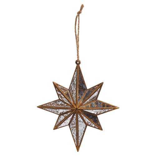 Gold plastic star ornament with distressed mirrored finish measuring 5.5 inches tall.