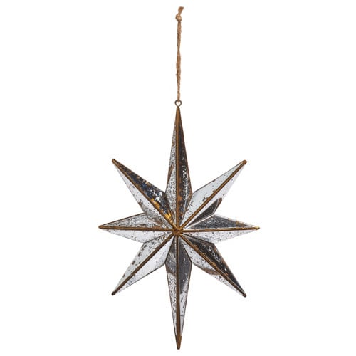 9.75-inch distressed mirrored star ornament made of metal with gold accents.