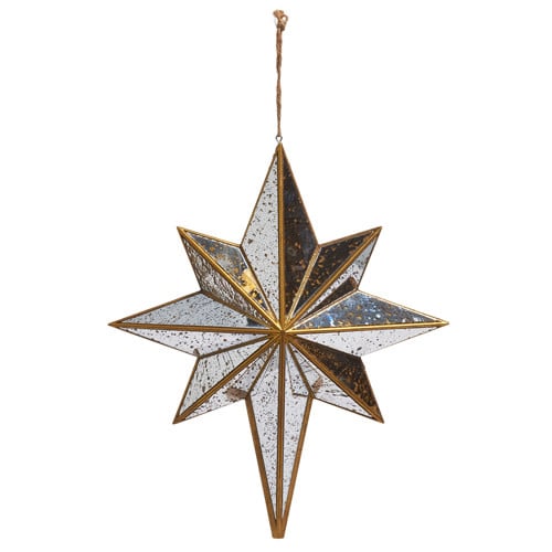 11.5-inch distressed mirrored star ornament with gold trim and a hanging string.