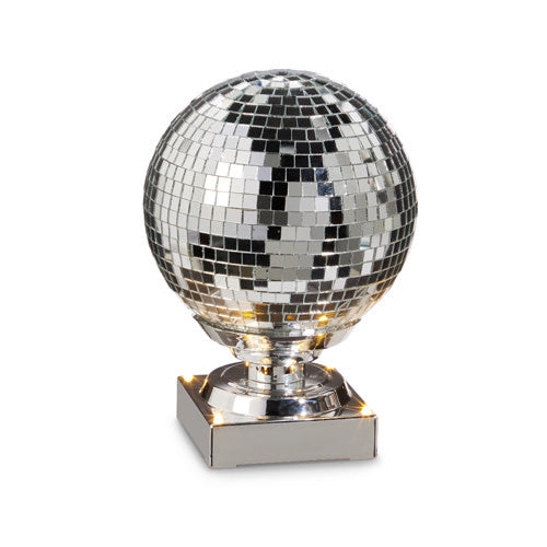 Silver mirrored plastic disco ball with LED lights spinning on a stand.