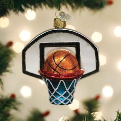 Basketball hoop ornament with orange rim, white netting, and red backboard silhouette.