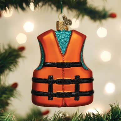 Miniature life jacket ornament in red with white reflective stripes.