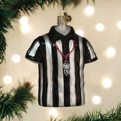 Black referee shirt ornament with white vertical stripes on a silver metallic finish.