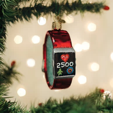 Black fitness watch ornament with digital display on a white background.