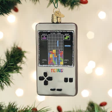 Tetris ornament featuring classic block puzzle game pieces in vibrant colors with a glossy finish.