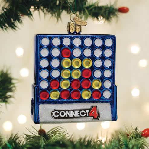 Connect 4 Christmas ornament featuring a red game board with white checkers on a silver hook.