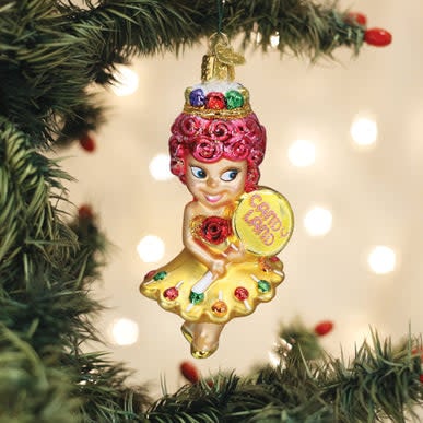 Princess Lolly ornament featuring a pink candy-themed princess with lollipop accessories on a gold stand.