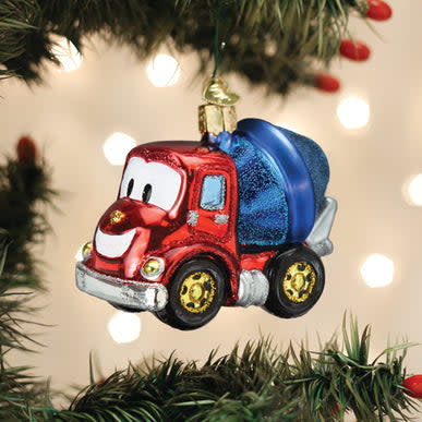 Cement truck ornament with cheerful yellow cab and gray cement mixer drum.
