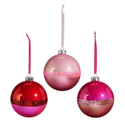4-inch pink two-tone spherical Christmas ornament with a smooth matte finish.