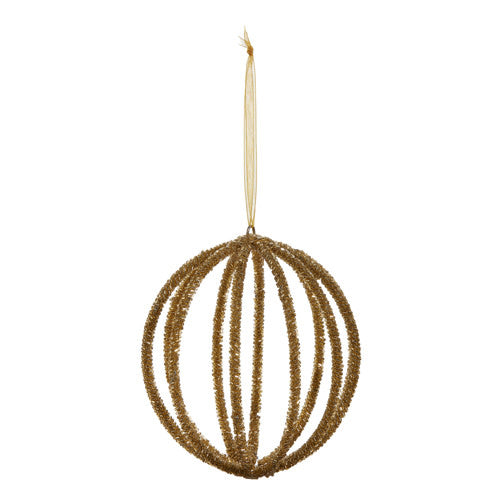 Five-inch antiqued gold beaded ball ornament made of iron and glass with a spherical silhouette.