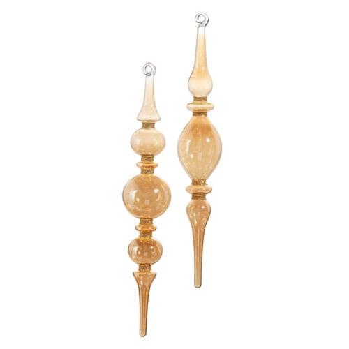 Two 12-inch champagne-colored glass finial ornaments with elongated, tiered silhouettes.