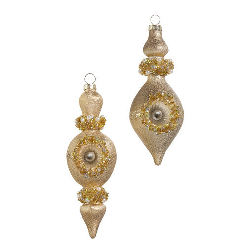 Glass vintage gold ornament with intricate detailing measuring 6 inches tall.